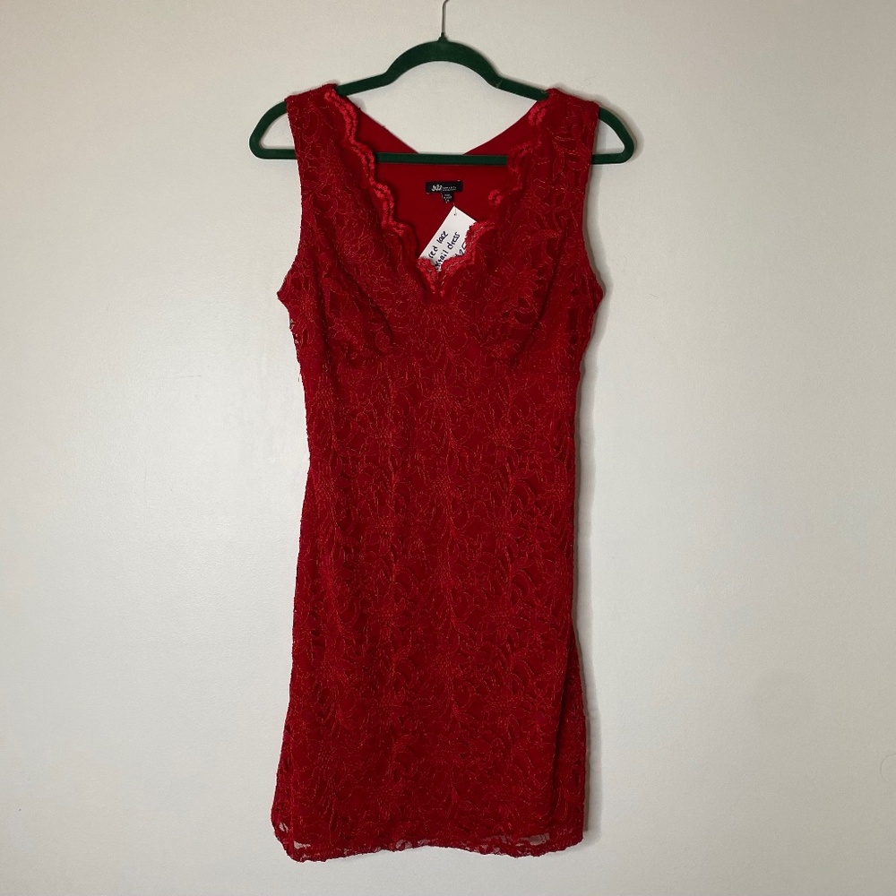 Y2K JUMP APPAREL Red Lace V-Neck Sleeveless Back Cut-Out Bodycon Dress Small